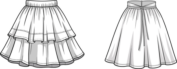 CAD Drawing Flat Vector Illustration of Layered Skirt and Tie-Waist Skirt, Fashion Design Template with Front and Back Views