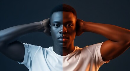 A man with contrasting tones on his face and arms.