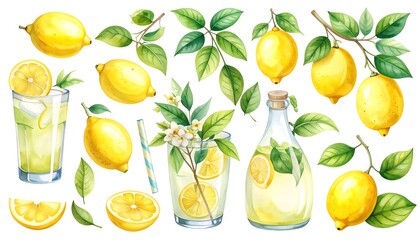 Obraz premium Watercolor composition of lemons, lemonade, leaves and blossoms for summer refreshment