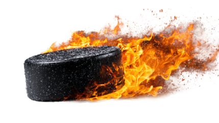 Dynamic hockey puck igniting flames indoor arena action shot. Isolated on transparent background, png.
