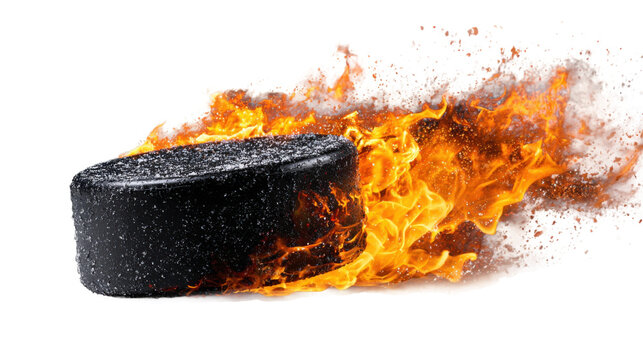 Dynamic hockey puck igniting flames indoor arena action shot. Isolated on transparent background, png. - Powered by Adobe