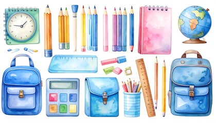 Fototapeta premium Watercolor depiction of school supplies arranged artistically on a clean background