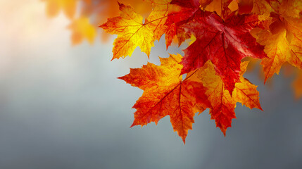 Large branches with maple yellow red orange leaves, background or wallpaper for autumn