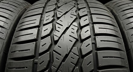 Close-up of a black car tire with detailed tread pattern, set against a dark gray background.
