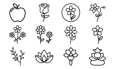 Minimal Line Art Icons of Flowers and Fruits – Rose, Lotus, Daisy, Apple, Banana and Botanical Elements for Nature, Garden, and Floral Design