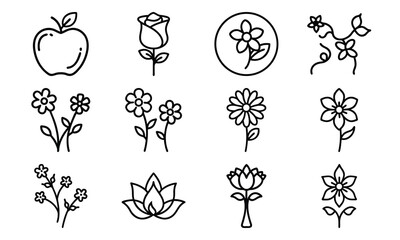 Minimal Line Art Icons of Flowers and Fruits – Rose, Lotus, Daisy, Apple, Banana and Botanical Elements for Nature, Garden, and Floral Design
