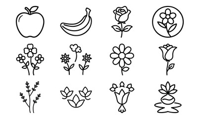 Minimal Line Art Icons of Flowers and Fruits – Rose, Lotus, Daisy, Apple, Banana and Botanical Elements for Nature, Garden, and Floral Design