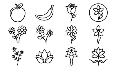 Minimal Line Art Icons of Flowers and Fruits – Rose, Lotus, Daisy, Apple, Banana and Botanical Elements for Nature, Garden, and Floral Design