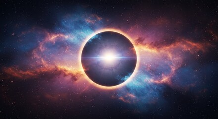 A celestial body is surrounded by vibrant cosmic clouds and light.