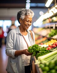 Elderly Woman Healthy Grocery Shopping – Fresh Vegetable Selection in Supermarket Produce Aisle