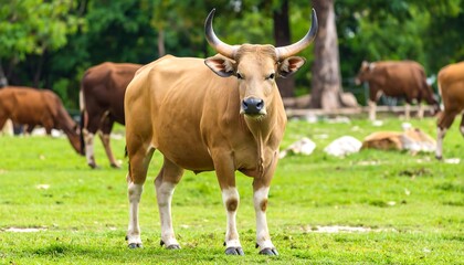 A brown banteng in a grassy field