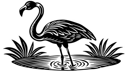 Black and white flamingo standing in water with reeds