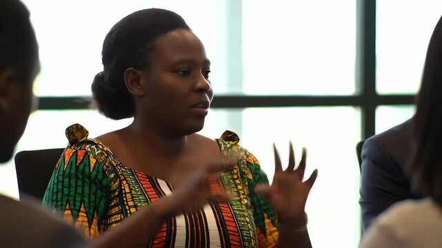 Professional African woman in vibrant traditional attire leading a discussion during a corporate meeting.