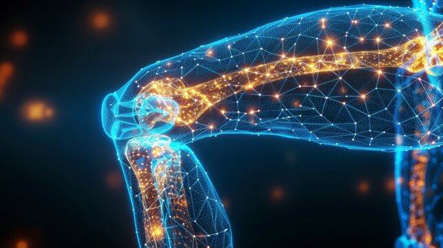 Glowing wireframe arm/torso reveals internal orange glow, against dark background