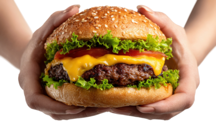 Delicious cheeseburger creation bright kitchen food photography. Isolated on transparent background, png.