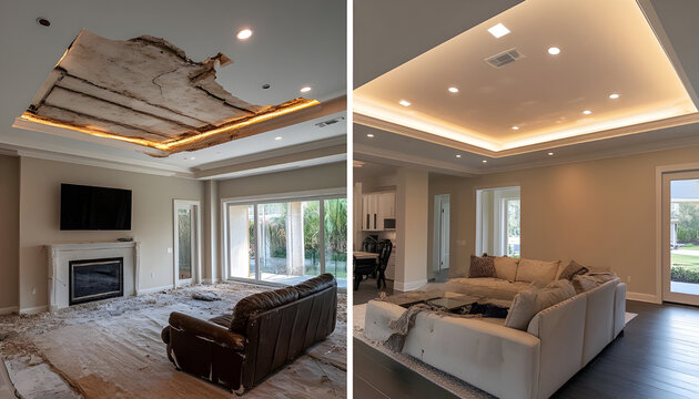damaged cracked ceiling, on the other side restored to a smooth surface with new modern lighting