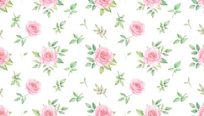 Delicate floral pattern of pink roses and leaves on a white background