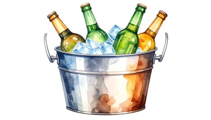 Watercolor Illustration of Refreshing Beer Bottles in a Shiny Ice Bucket Ready for Celebrations