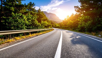 Winding road through lush forest at sunset