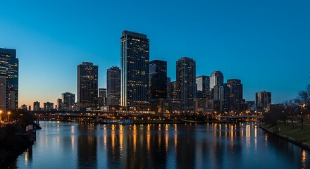 Obraz premium The Chicago skyline gleams at dusk, with towering skyscrapers reflecting in the river, their lights illuminating the calm waters and creating a vibrant urban nightscape.