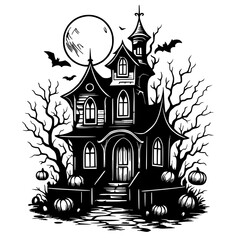 Spooky Haunted House Illustration with Bats and Pumpkins
