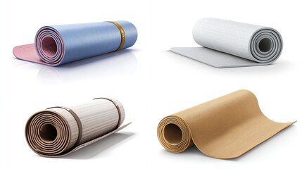 Four rolled-up exercise mats, in pastel blue/pink, white, beige, and light brown, displayed against a stark white background with subtle reflections.  Each mat shows different texture and material