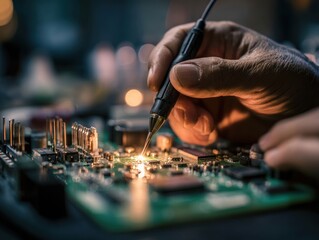 Precision in Action: A close-up of a skilled technician's hands meticulously repairing an intricate circuit board, highlighting the convergence of skill and technology.