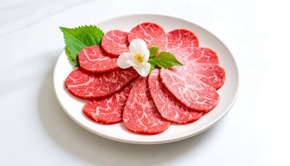 Slices of raw beef on a white plate