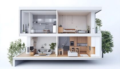 Modern minimalist house cross-section with detailed interior layout including kitchen, living room, office, bedroom, and bathroom