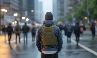 Person in vest, back view, amidst blurry city street and figures