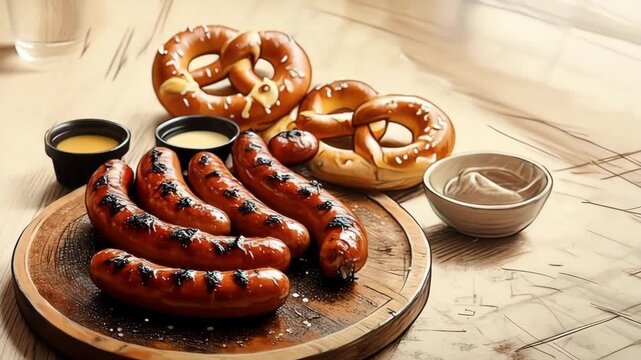 Grilled sausages with soft pretzels and dipping sauces on a platter  
