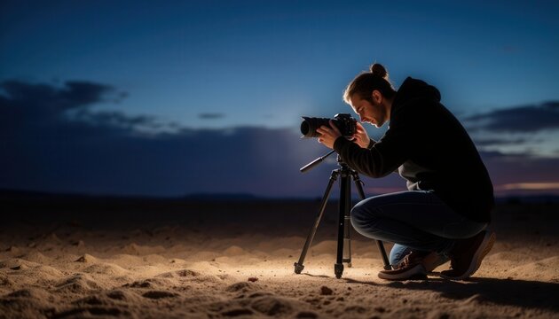 Photographer adjusting camera settings on tripod at dusk in desert  