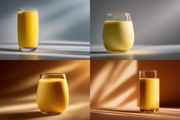 Four images of golden-hued, smooth beverage in various glass styles, under warm and cool light