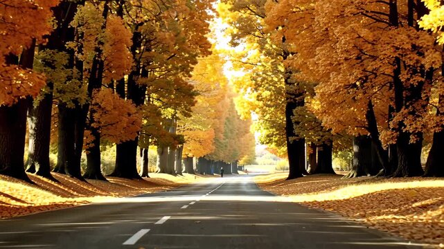 Empty autumn road through tree alley with runner in distance