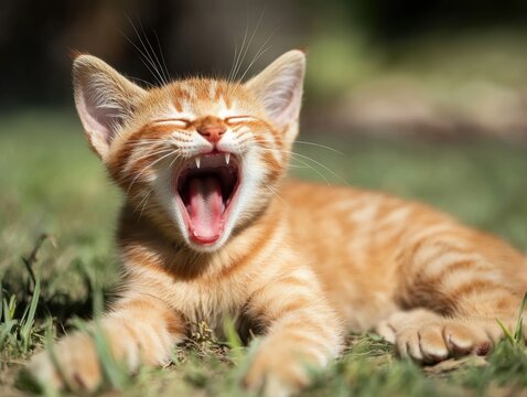 大きく口を開けてあくびする茶トラの子猫