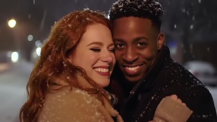 Joyful couple embracing in a snowy street, surrounded by softly glowing streetlights at night