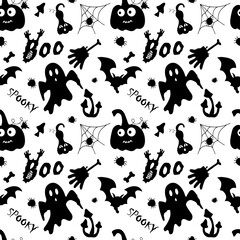 Seamless Pattern with Black silhouettes with scary and creepy characters phrases BOO, SPOOKY on a white background for Halloween. For prints, packaging, backgrounds, stickers, posters, decorations.