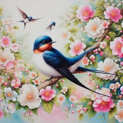 Beautifully Detailed Painting of a Bird Nestled Among Cherry Blossoms and Floral Patterns