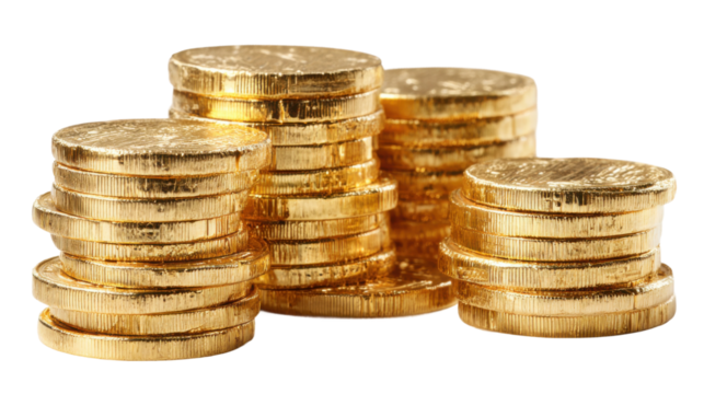 Close-up stacked gold coins in business product photography. Isolated on transparent background, png.