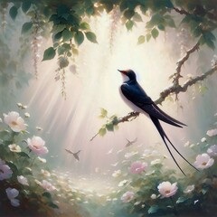 A painting of beautiful bird on a background of delicate petals and lush leaves