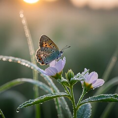 Obraz premium Delicate butterfly resting on a flower covered in morning dew.