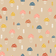 Cute Colorful Seamless Mushrooms Repeat Vector Kids Pattern 