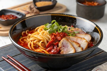 Delicious bowl of spicy ramen noodles with sliced pork and green onions