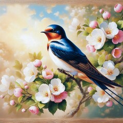 A painting of beautiful swallow on a background of radiant sunlight and blooming flowers,