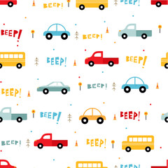 Multicolored BEEP with Multi Vehicles Repeat Vector Kids Pattern 
