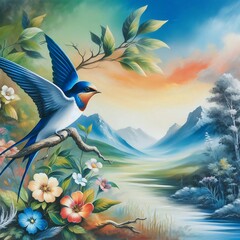 A painting of beautiful bird on a background of vibrant skies and dynamic ocean waves
