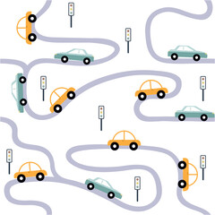 Fototapeta premium Multicolored Cars On Zig Zag Road with Traffic Lights Repeat Vector Kids Pattern 