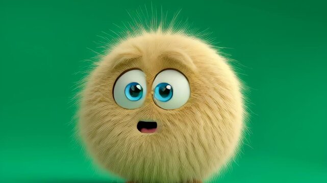 Cute fluffy cartoon character with large expressive eyes and a surprised expression, set against a vibrant green background, showcasing a playful and whimsical design that appeals to children and anim