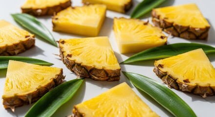 Pineapple slices and green leaves on a bright, textured surface