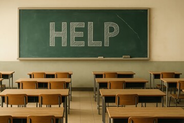 A classroom setting with empty desks and a chalkboard message.